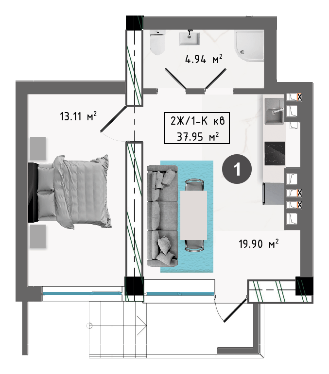 Планировка корпуса А, 37,95 м², этаж 1