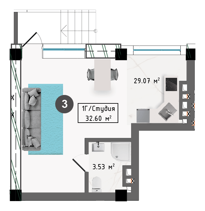 Планировка корпуса А, 32,60 м², этаж 1