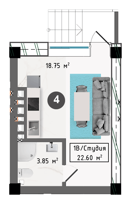 Планировка корпуса А, 22,60 м², этаж 1
