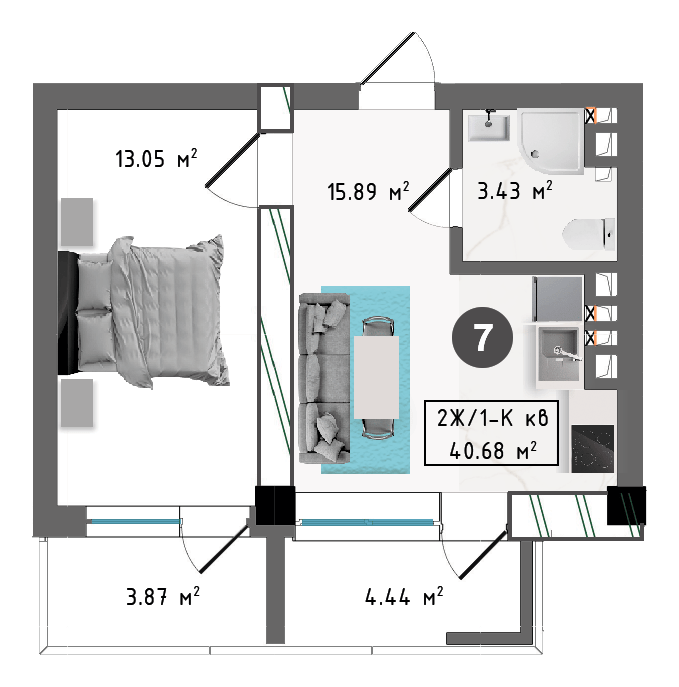 Планировка корпуса А, 40,68 м², этаж 2