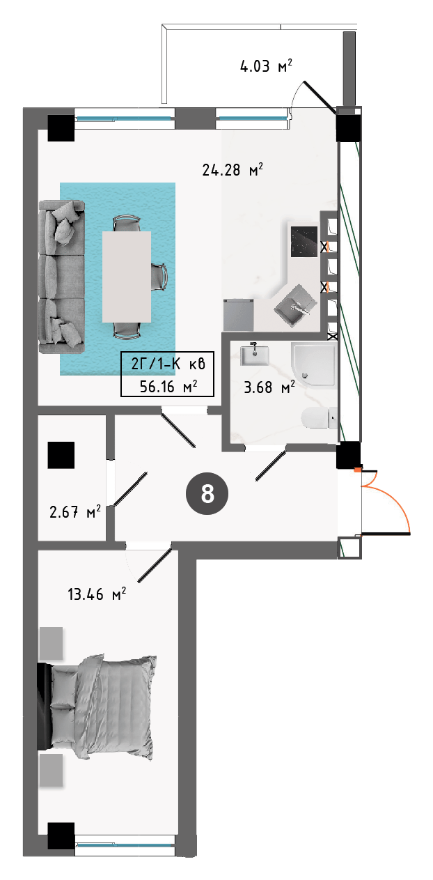 Планировка корпуса А, 56,16 м², этаж 2