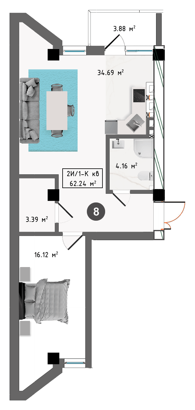 Планировка корпуса А, 62,24 м², этаж 2
