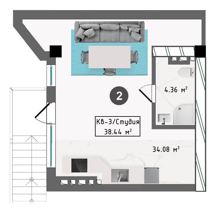 Планировка корпуса Г, 38,44 м², этаж 1