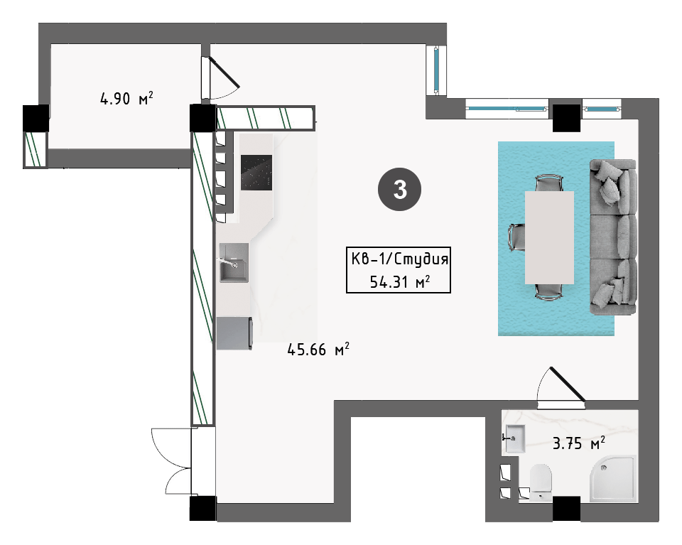 Планировка корпуса Г, 54,31 м², этаж 1