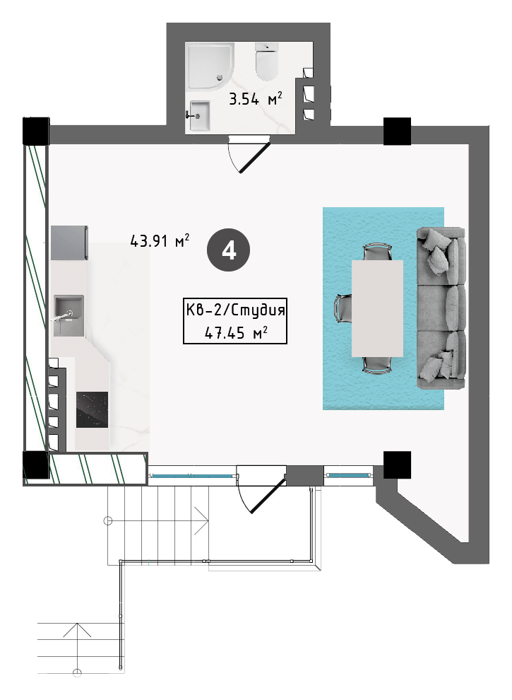 Планировка корпуса Г, 47,45 м², этаж 1