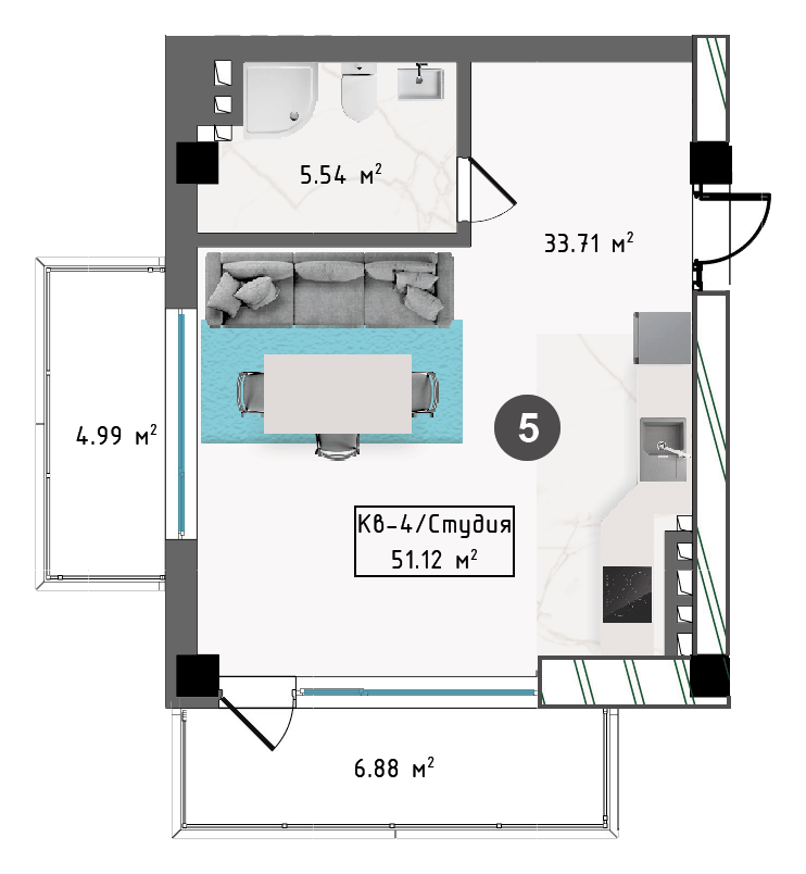 Планировка корпуса Г, 51,12 м², этаж 2