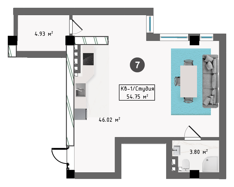 Планировка корпуса Г, 54,75 м², этаж 2