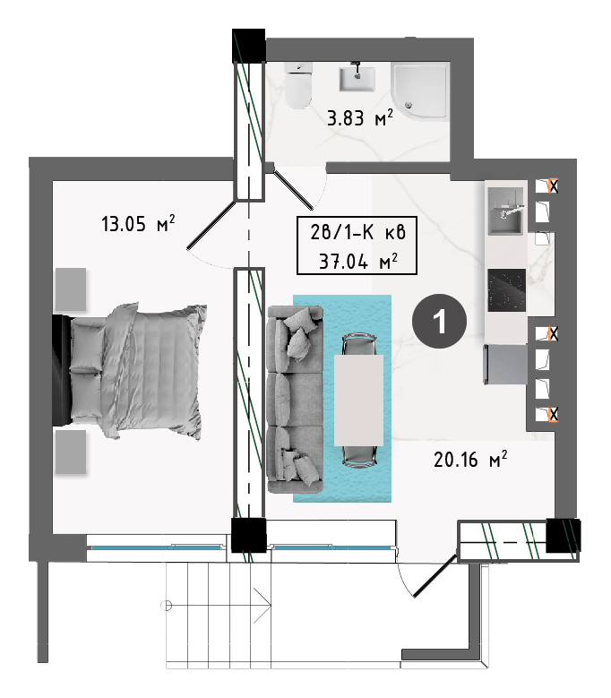 Планировка квартиры №1, 37,04 м², Корпус А, 1 этаж