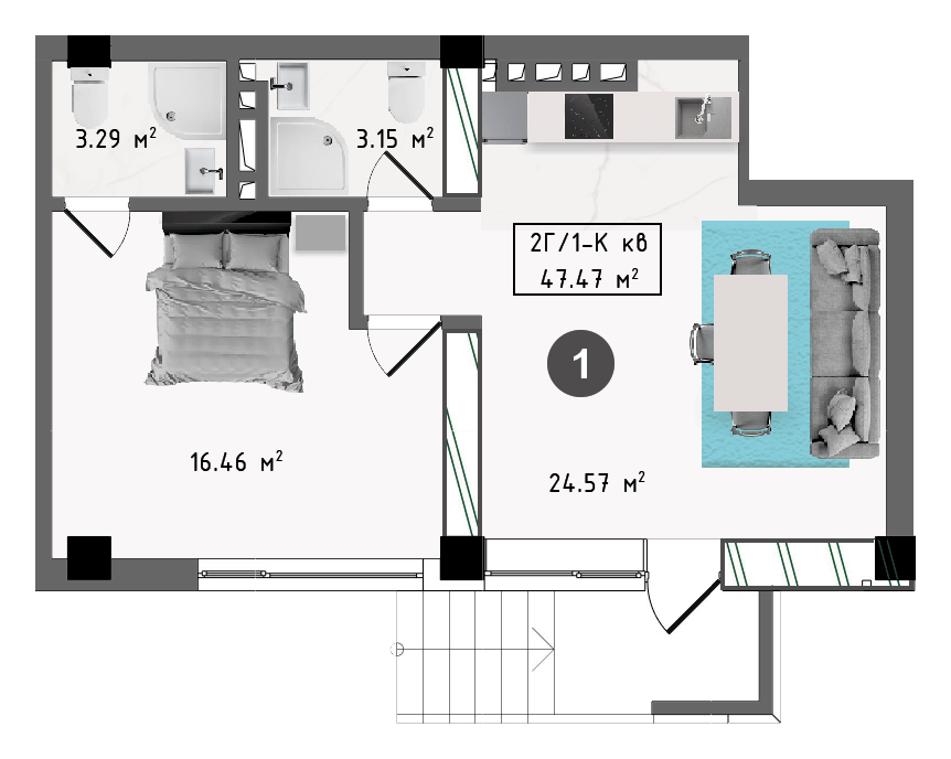 Планировка квартиры №1, вариант А, 47,47 м², Корпус Б, 1 этаж