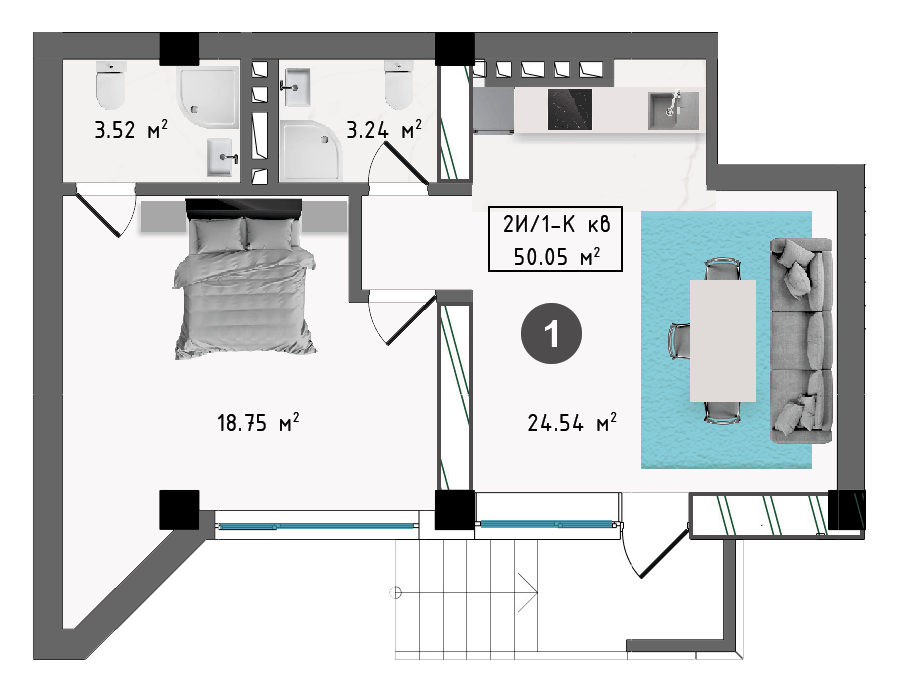 Планировка корпуса Б, 50,05 м², этаж 1