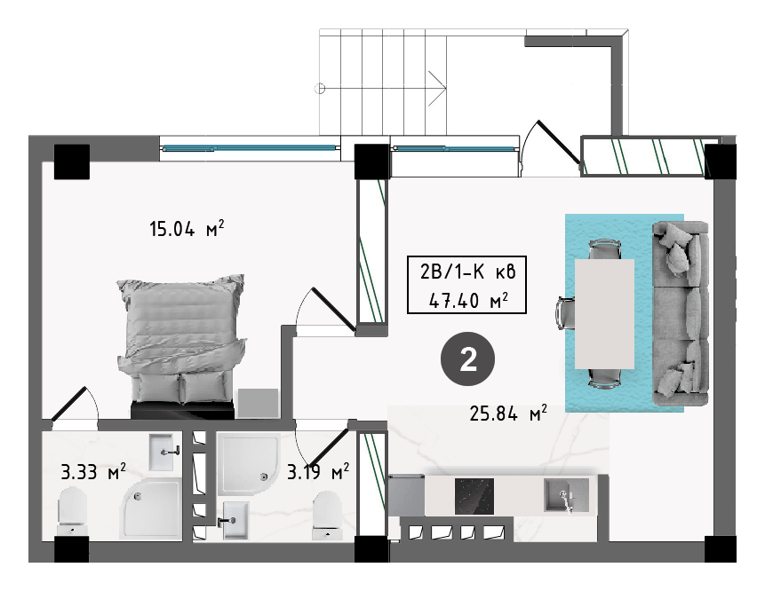 Планировка корпуса Б, 47,40 м², этаж 1