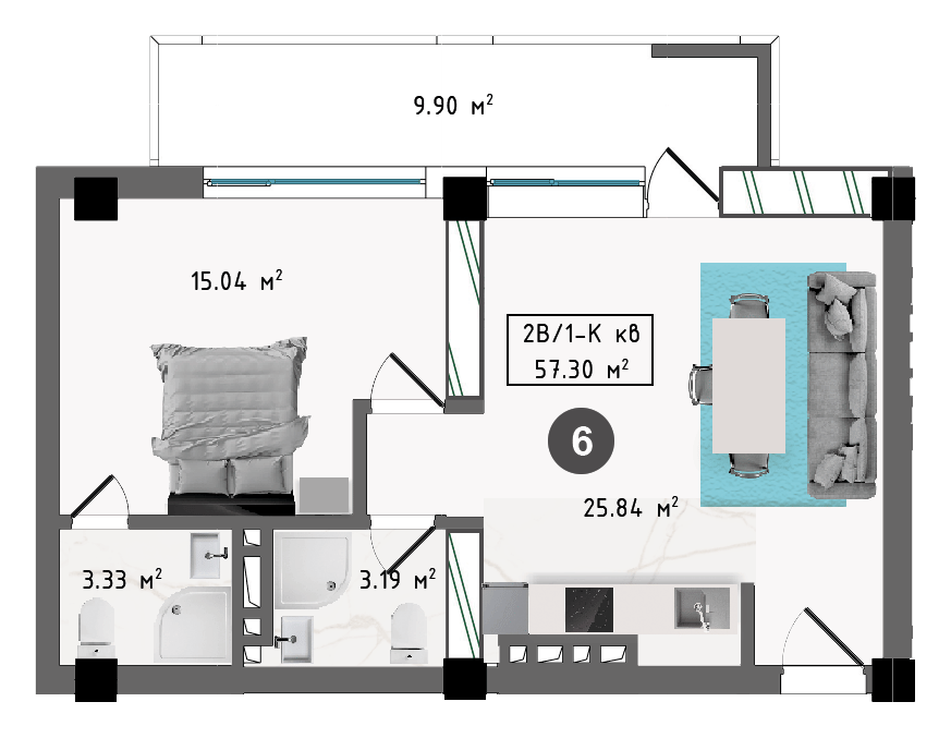 Планировка корпуса Б, 57,30 м², этаж 2