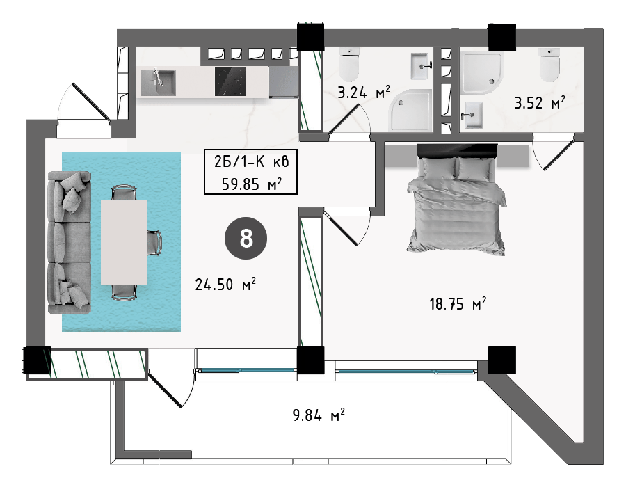 Планировка корпуса Б, 59,85 м², этаж 2
