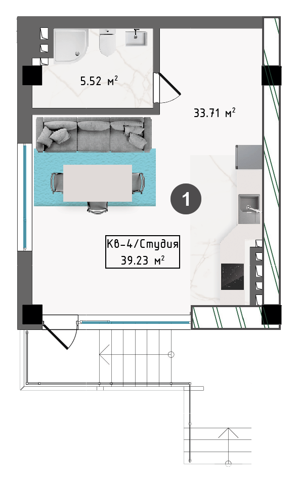 Планировка квартиры №1, 39,23 м², Корпус Г, 1 этаж