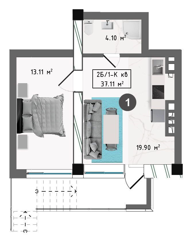 Планировка квартиры №1, 37,11 м², Корпус В, 1 этаж