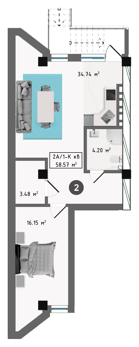 Планировка корпуса В, 58,57 м², этаж 1