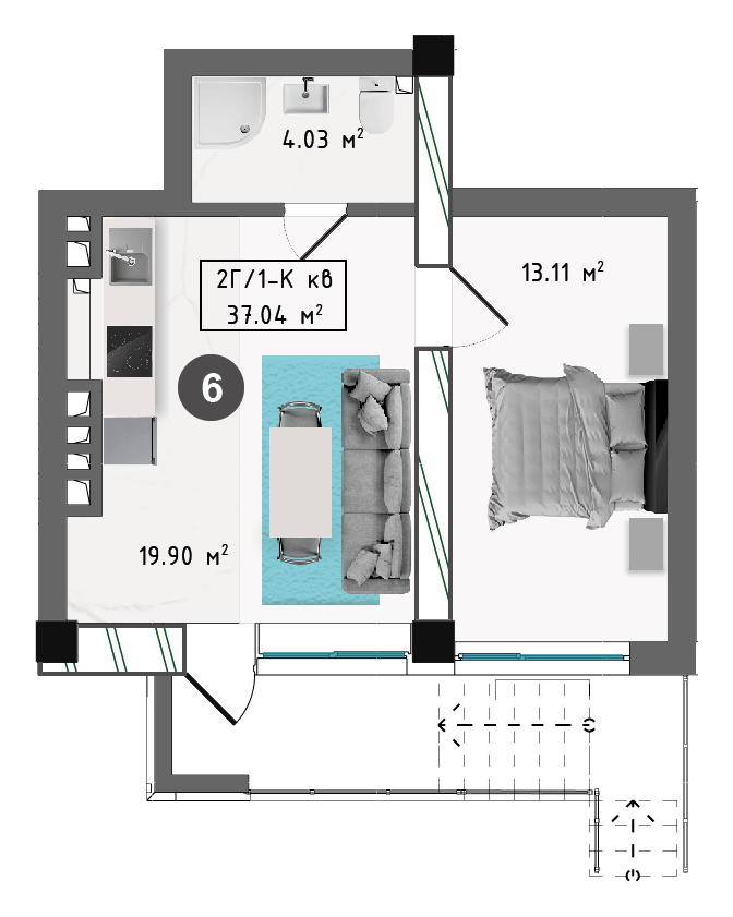 Планировка корпуса В, 37,04 м², этаж 1