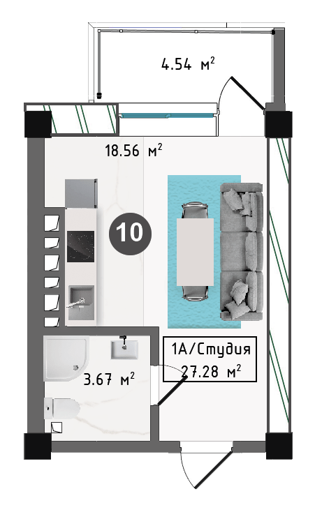 Планировка корпуса В, 27,28 м², этаж 2