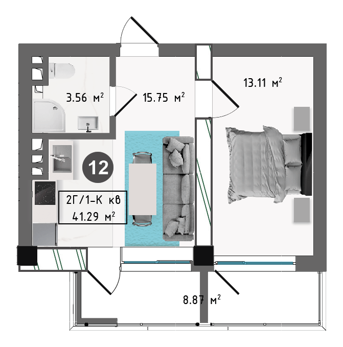 Планировка корпуса В, 41,29 м², этаж 2