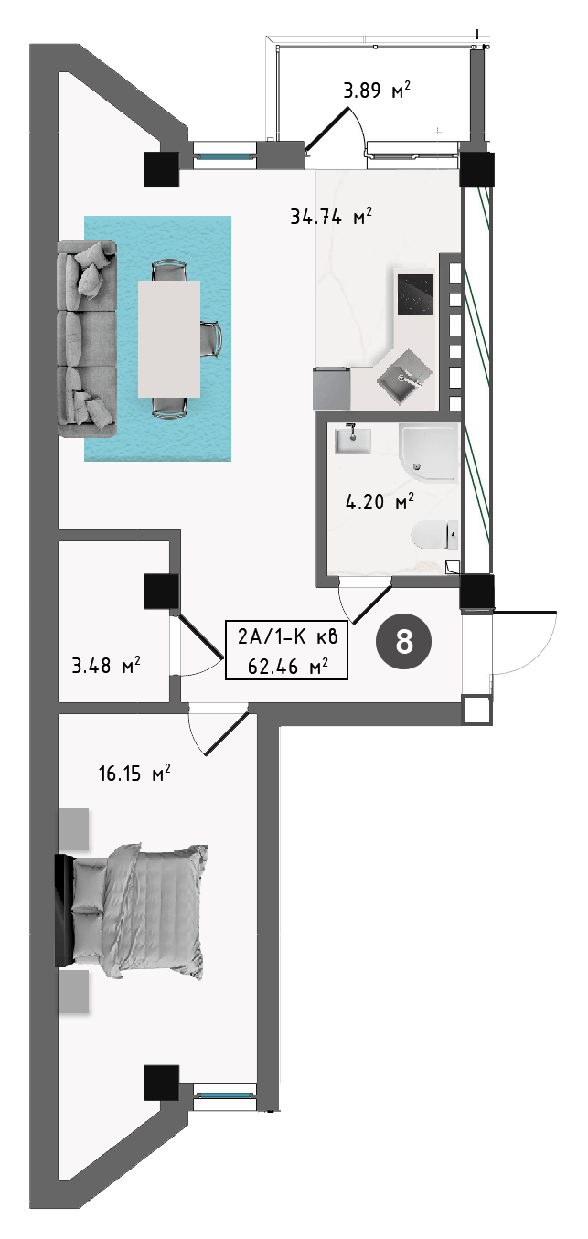 Планировка корпуса В, 62,46 м², этаж 2